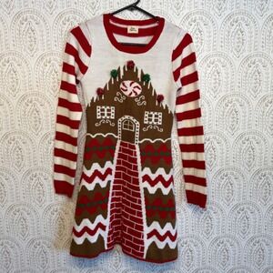 Born Famous Gingerbread House Ugly Christmas Sweater Dress Red White XS